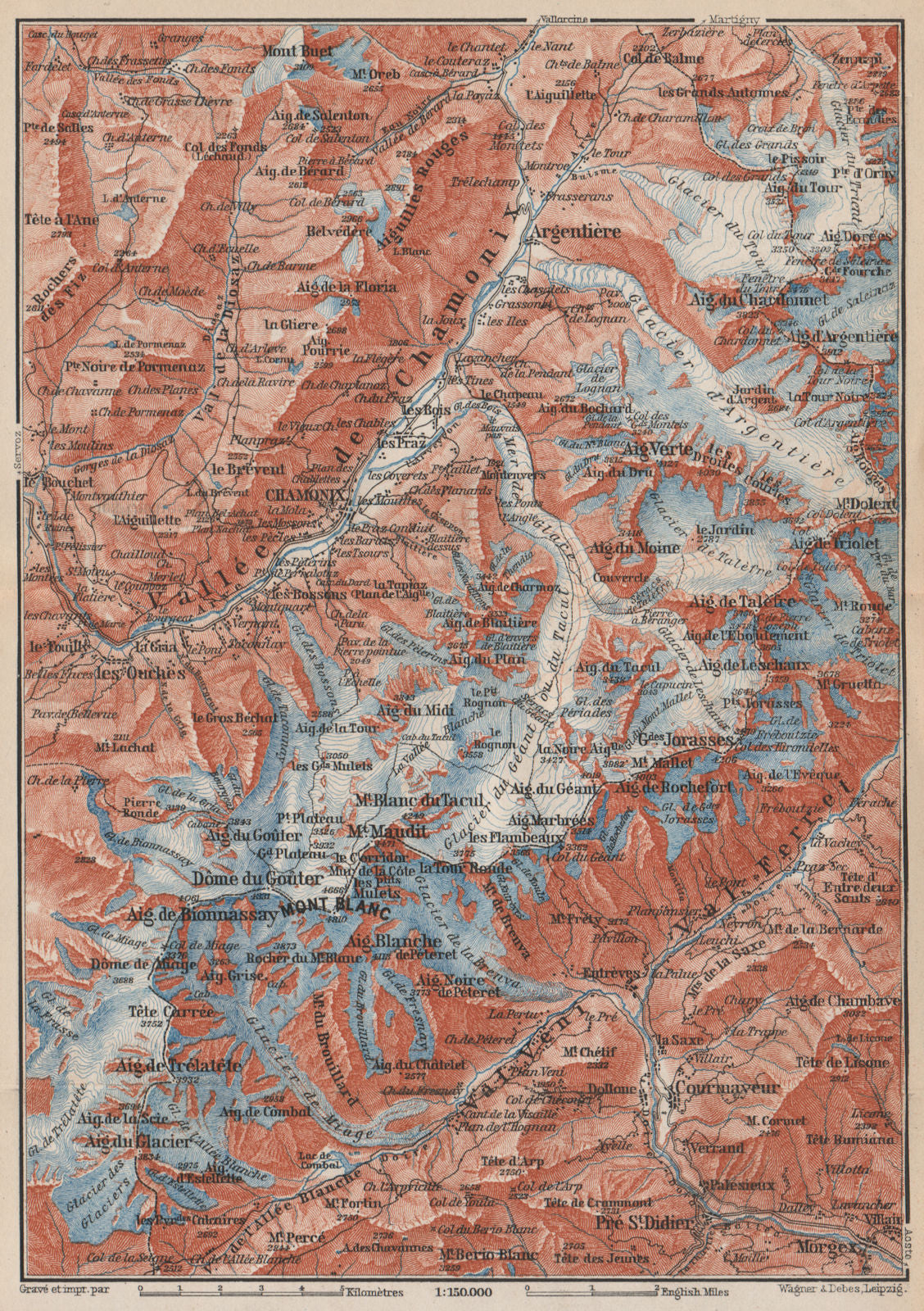 CHAMONIX & MONT BLANC MASSIF. Argentière Les Houches Courmayeur carte 1889 map